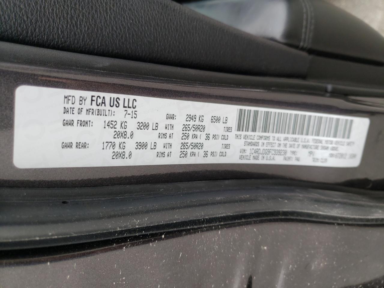 Photo 10 from auction – 2015 DODGE DURANGO LI with VIN 1C4RDJDG9FC939230