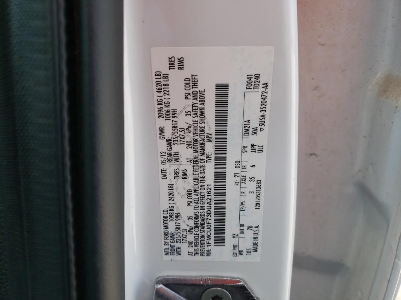 Photo 11 from auction – 2013 FORD ESCAPE S with VIN 1FMCU0F73DUA21621