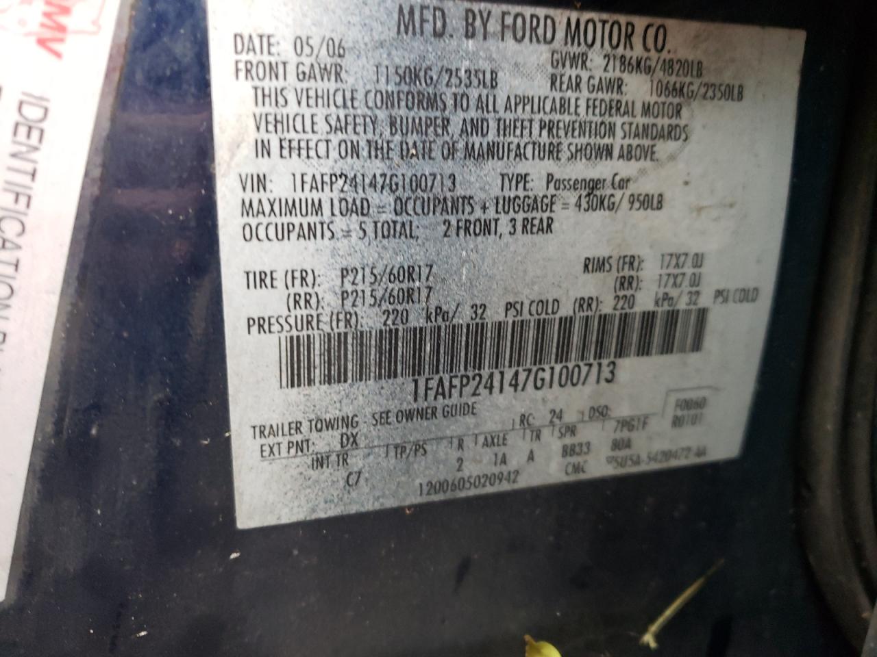 Photo 10 from auction – 2007 FORD FIVE HUNDR with VIN 1FAFP24147G100713