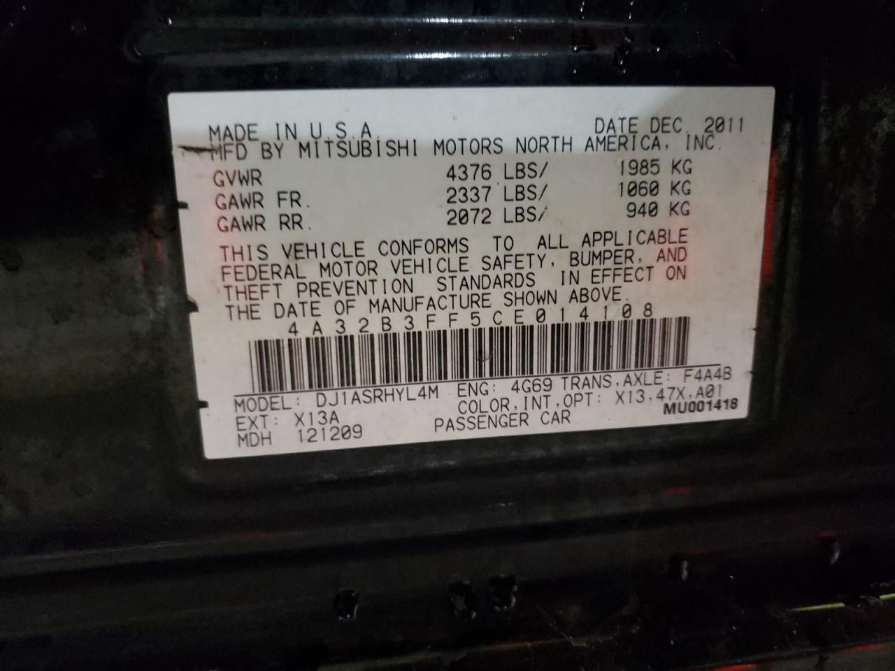 Photo 10 from auction – 2012 MITSUBISHI GALANT ES with VIN 4A32B3FF5CE014108