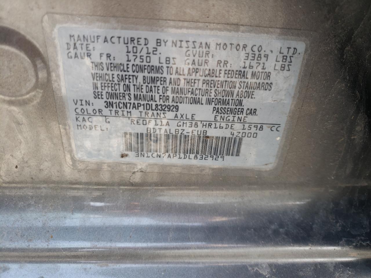 Photo 10 from auction – 2013 NISSAN VERSA S with VIN 3N1CN7AP1DL832929