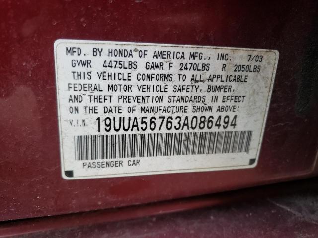 Photo 10 from auction – 2003 ACURA 3.2TL with VIN 19UUA56763A086494
