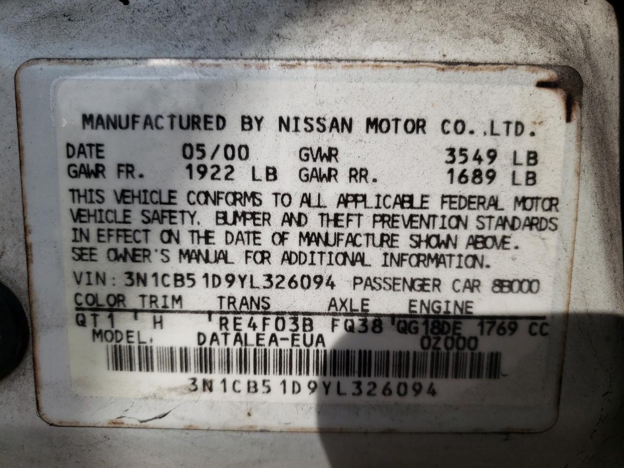 Photo 10 from auction – 2000 NISSAN SENTRA BAS with VIN 3N1CB51D9YL326094
