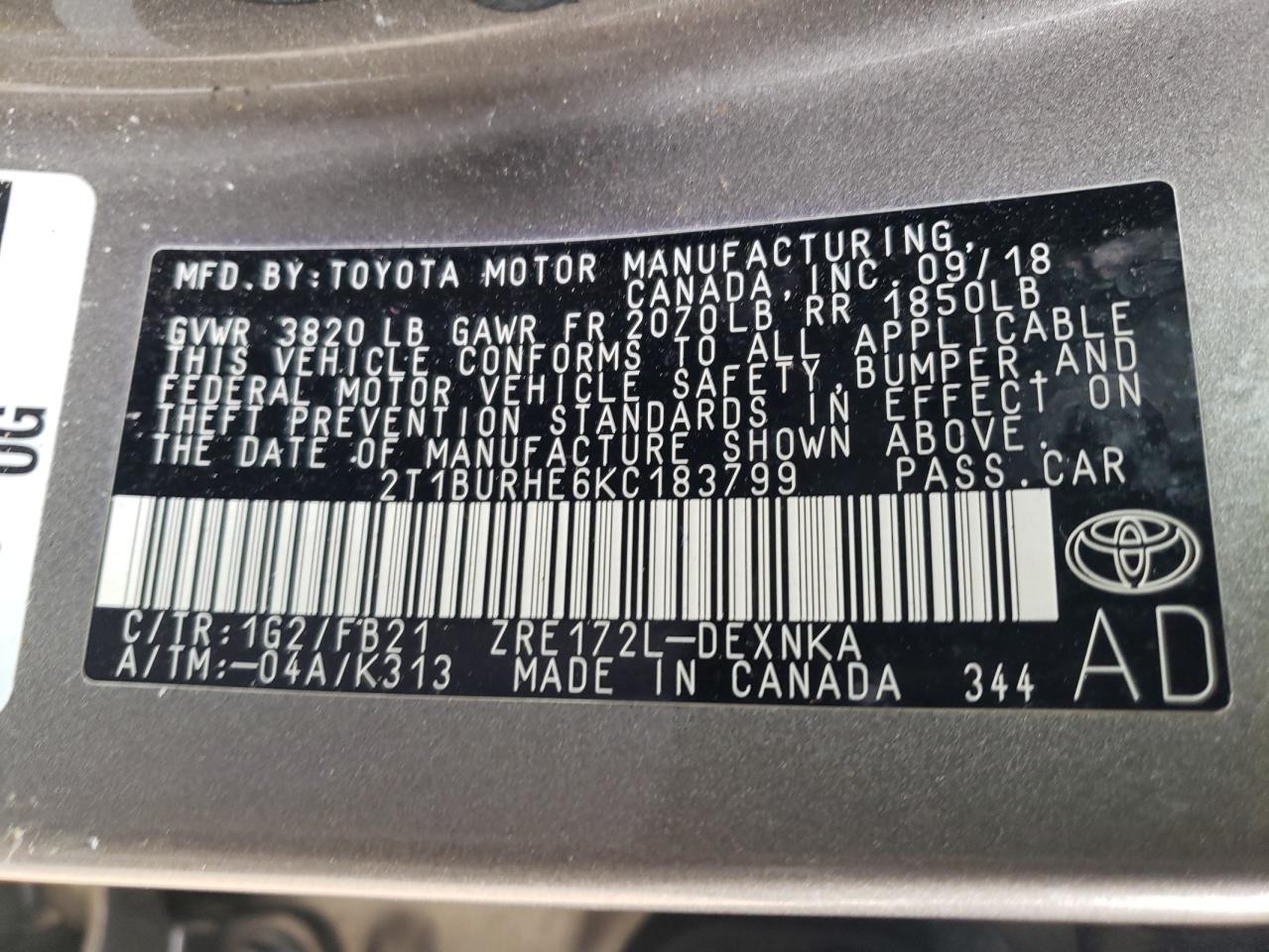 Photo 10 from auction – 2019 TOYOTA COROLLA L with VIN 2T1BURHE6KC183799