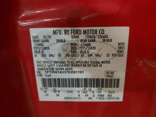 Photo 10 from auction – 2007 FORD F150 SUPER with VIN 1FTPW14V37KD01191
