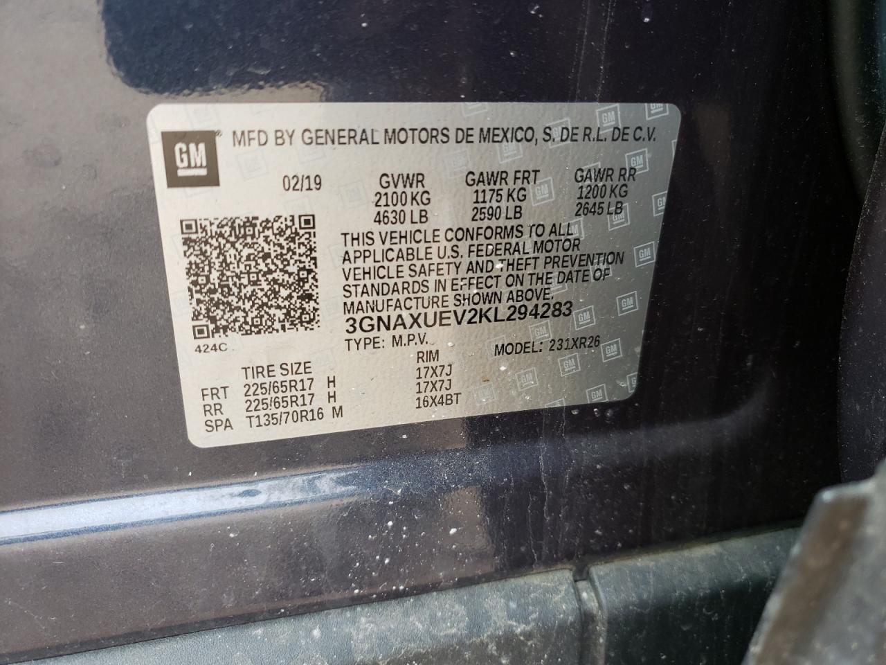 Photo 10 from auction – 2019 CHEVROLET EQUINOX LT with VIN 3GNAXUEV2KL294283