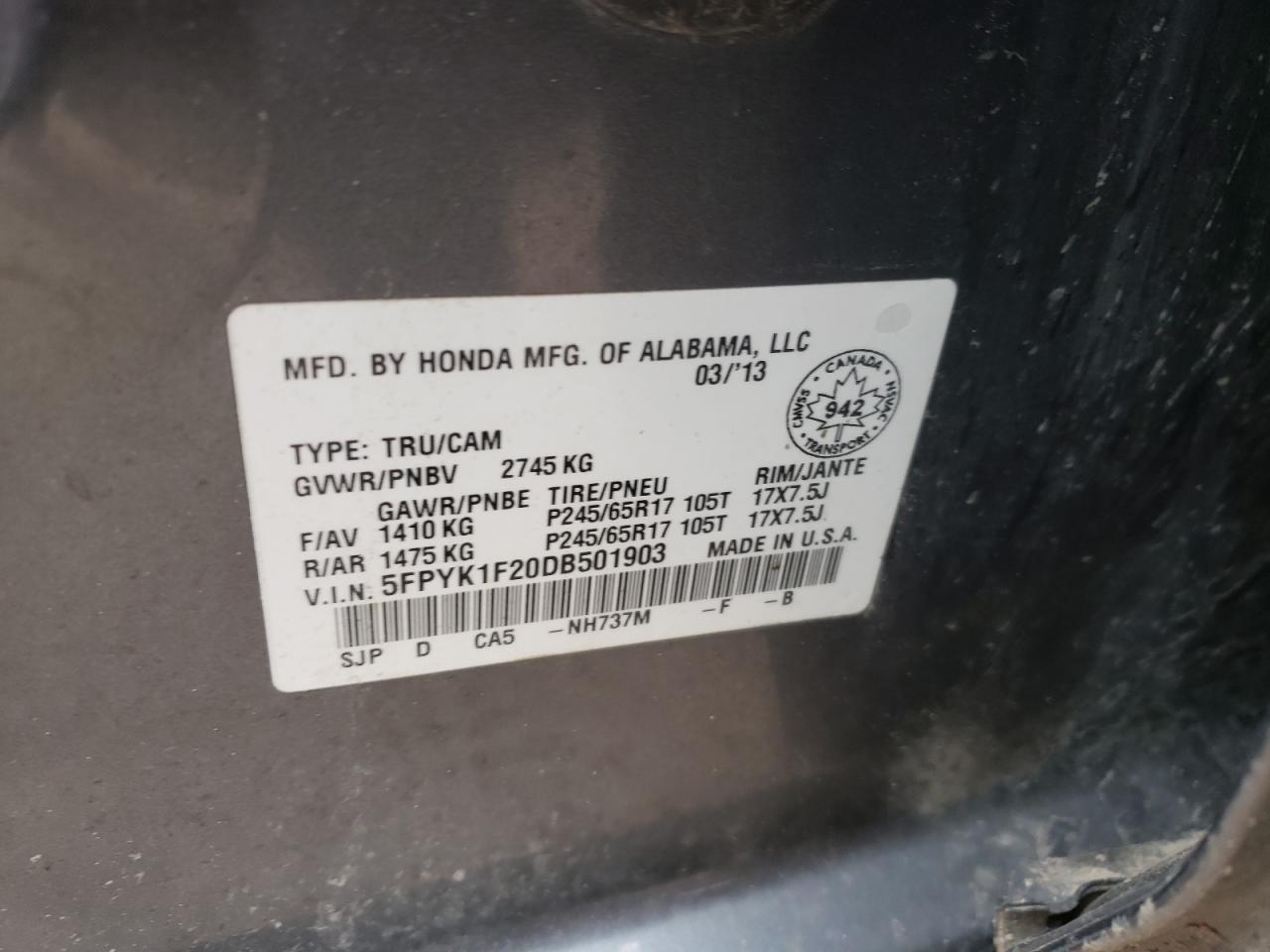 Photo 10 from auction – 2013 HONDA RIDGELINE with VIN 5FPYK1F20DB501903