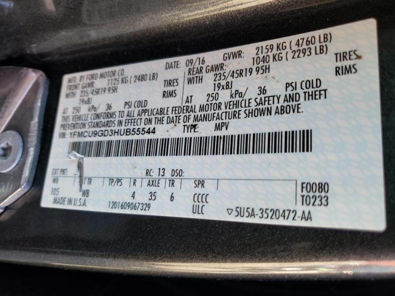 Photo 10 from auction – 2017 FORD ESCAPE SE with VIN 1FMCU9GD3HUB55544