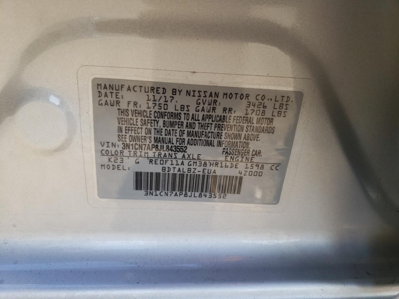 Photo 10 from auction – 2018 NISSAN VERSA S with VIN 3N1CN7AP8JL843552