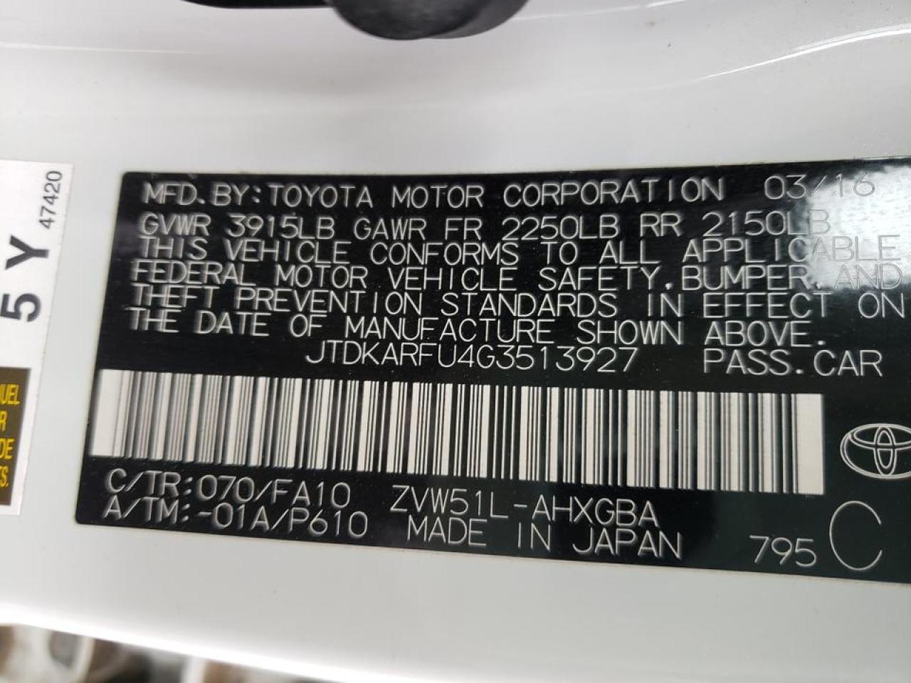 Photo 10 from auction – 2016 TOYOTA PRIUS with VIN JTDKARFU4G3513927