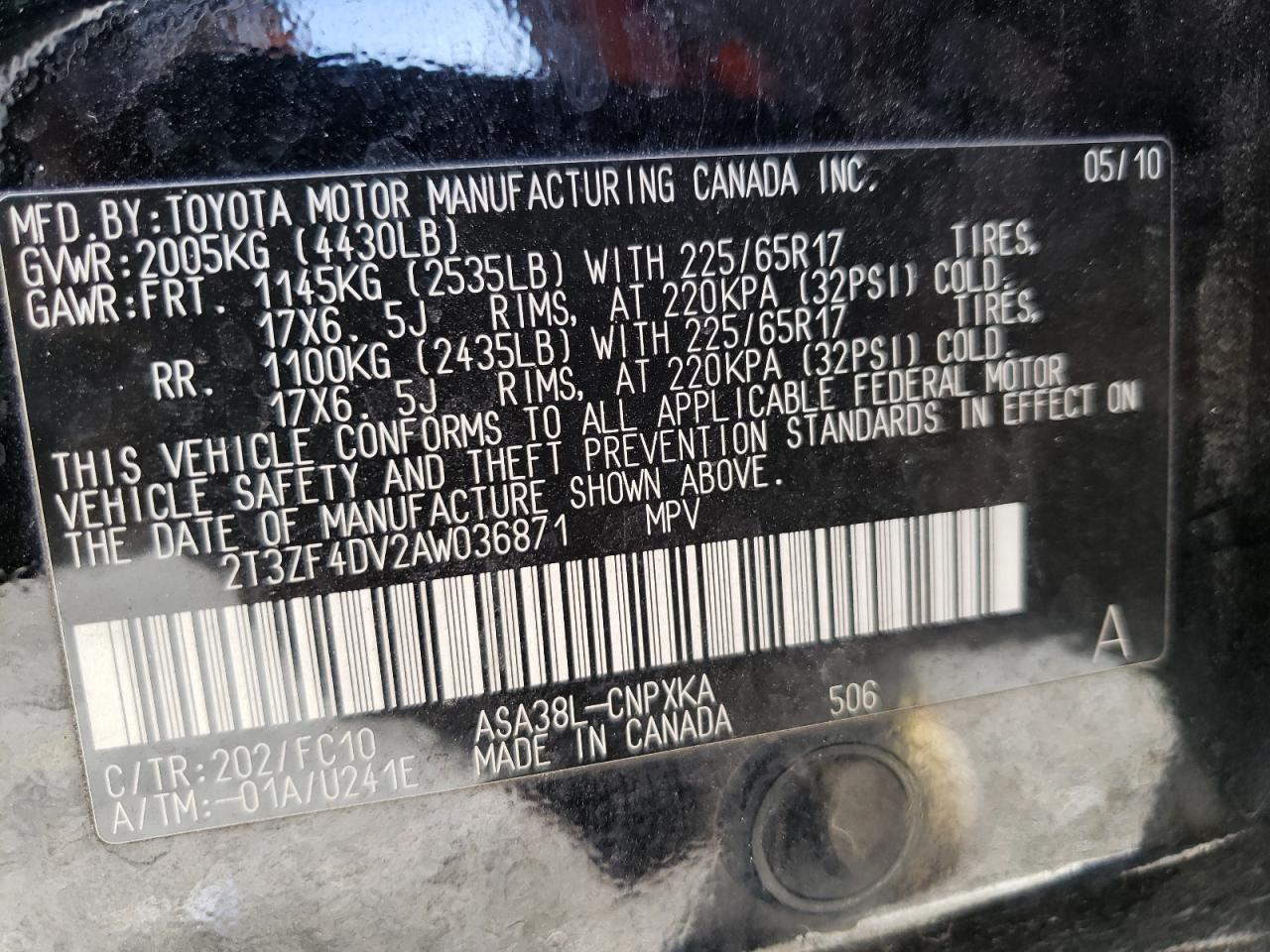 Photo 10 from auction – 2010 TOYOTA RAV4 with VIN 2T3ZF4DV2AW036871