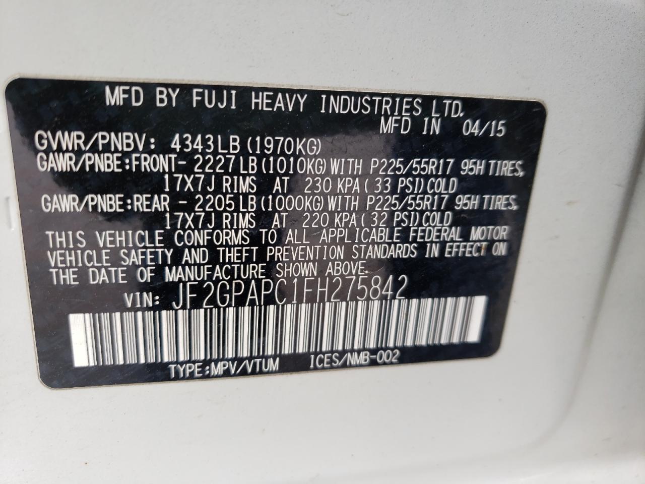Photo 10 from auction – 2015 SUBARU XV CROSSTR with VIN JF2GPAPC1FH275842