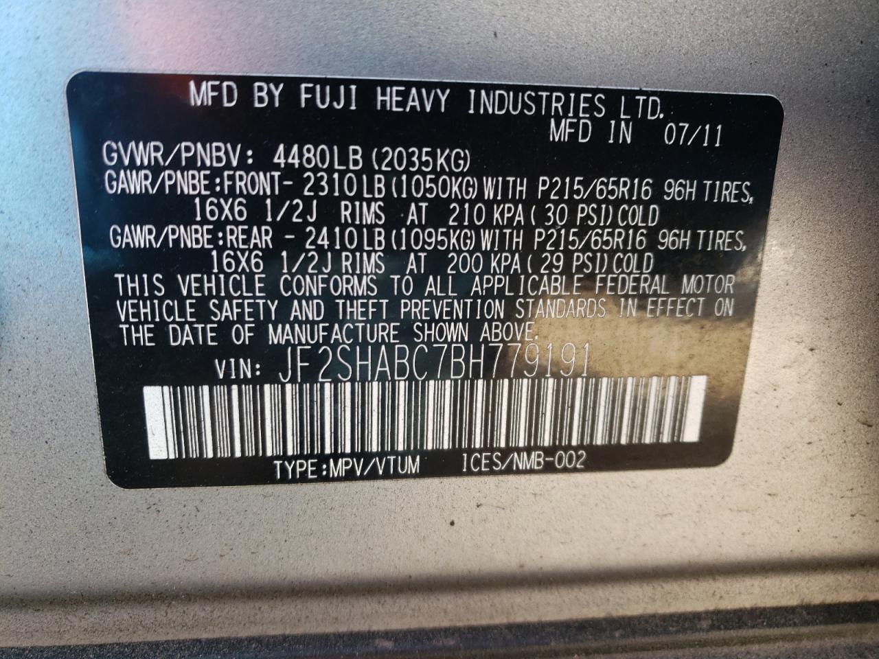 Photo 10 from auction – 2011 SUBARU FORESTER 2 with VIN JF2SHABC7BH779191
