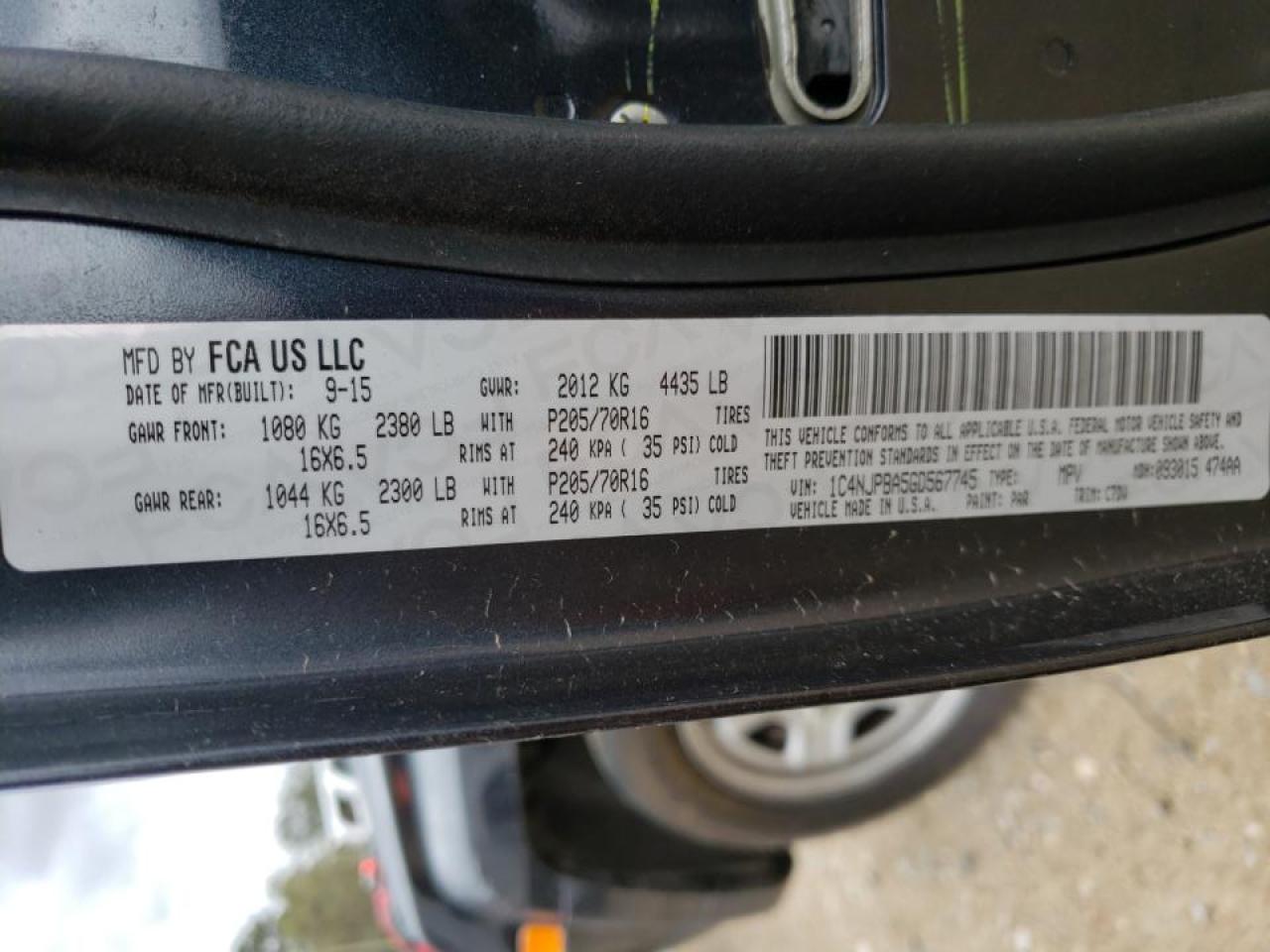Photo 10 from auction – 2016 JEEP PATRIOT SP with VIN 1C4NJPBA5GD567745