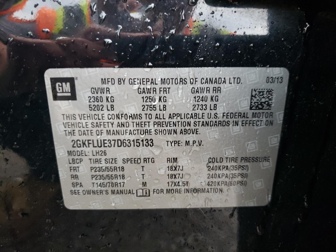 Photo 10 from auction – 2013 GMC TERRAIN SL with VIN 2GKFLUE37D6315133