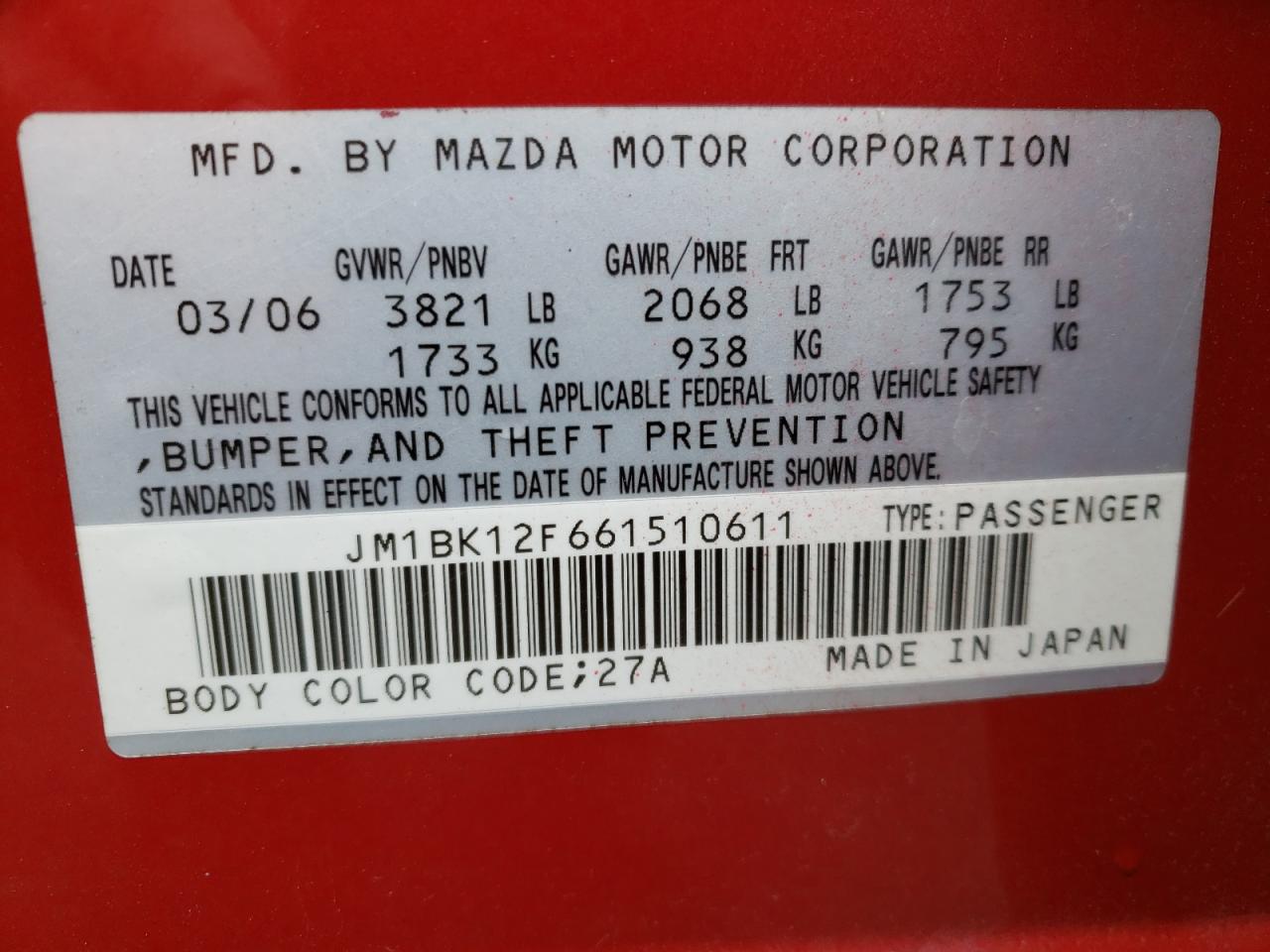 Photo 10 from auction – 2006 MAZDA 3 I with VIN JM1BK12F661510611