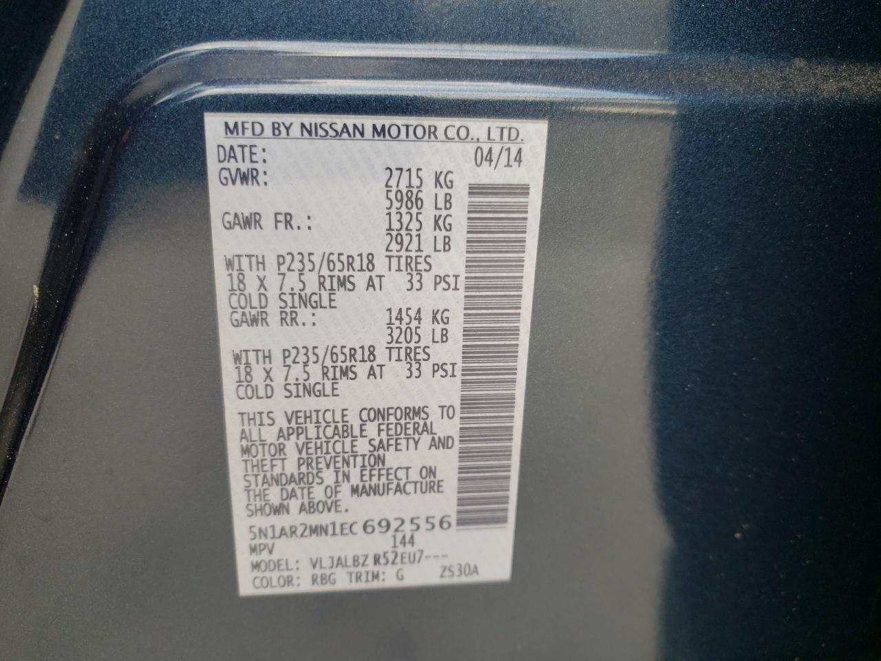 Photo 10 from auction – 2014 NISSAN PATHFINDER with VIN 5N1AR2MN1EC692556