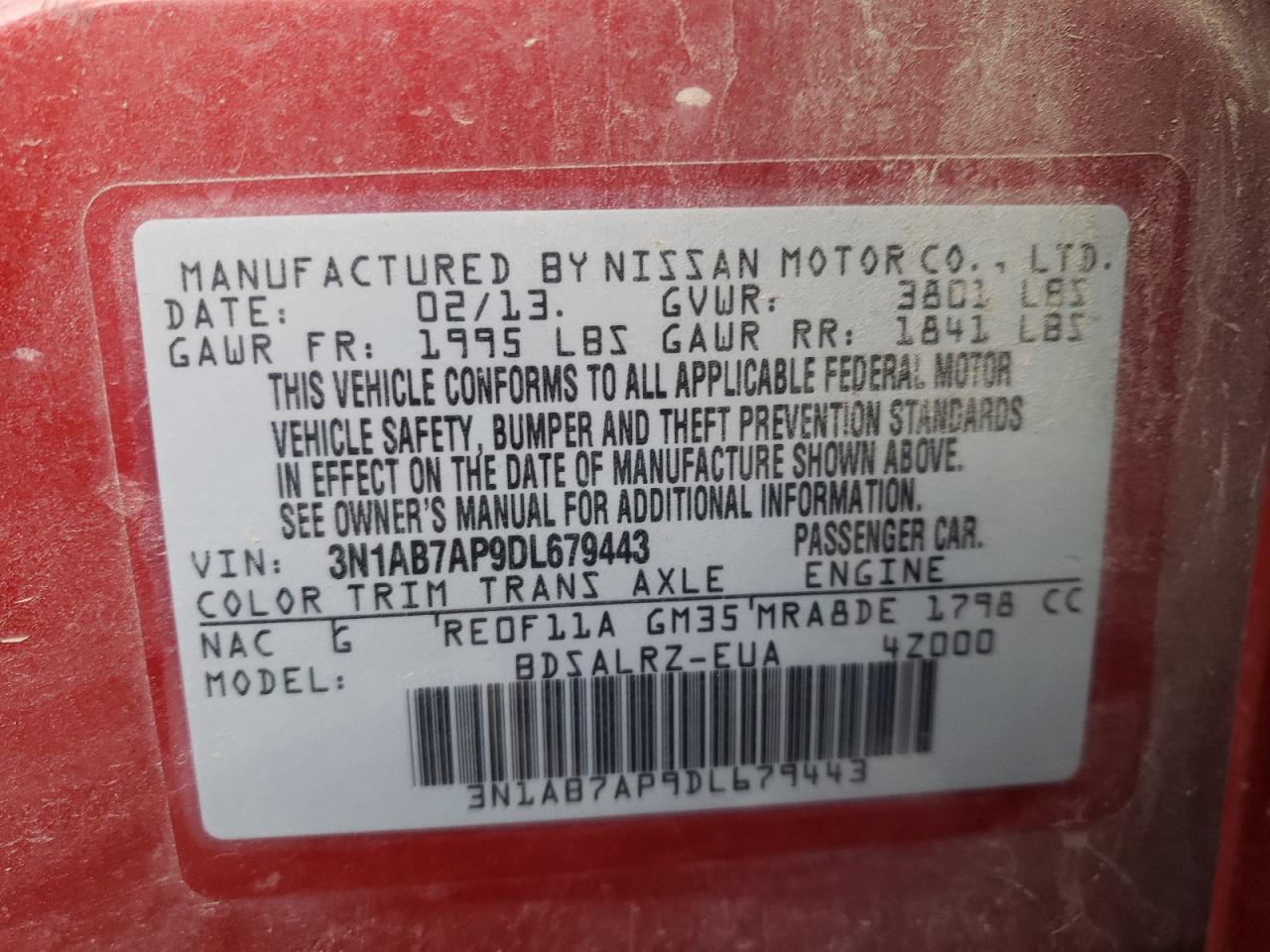 Photo 10 from auction – 2013 NISSAN SENTRA with VIN 3N1AB7AP9DL679443