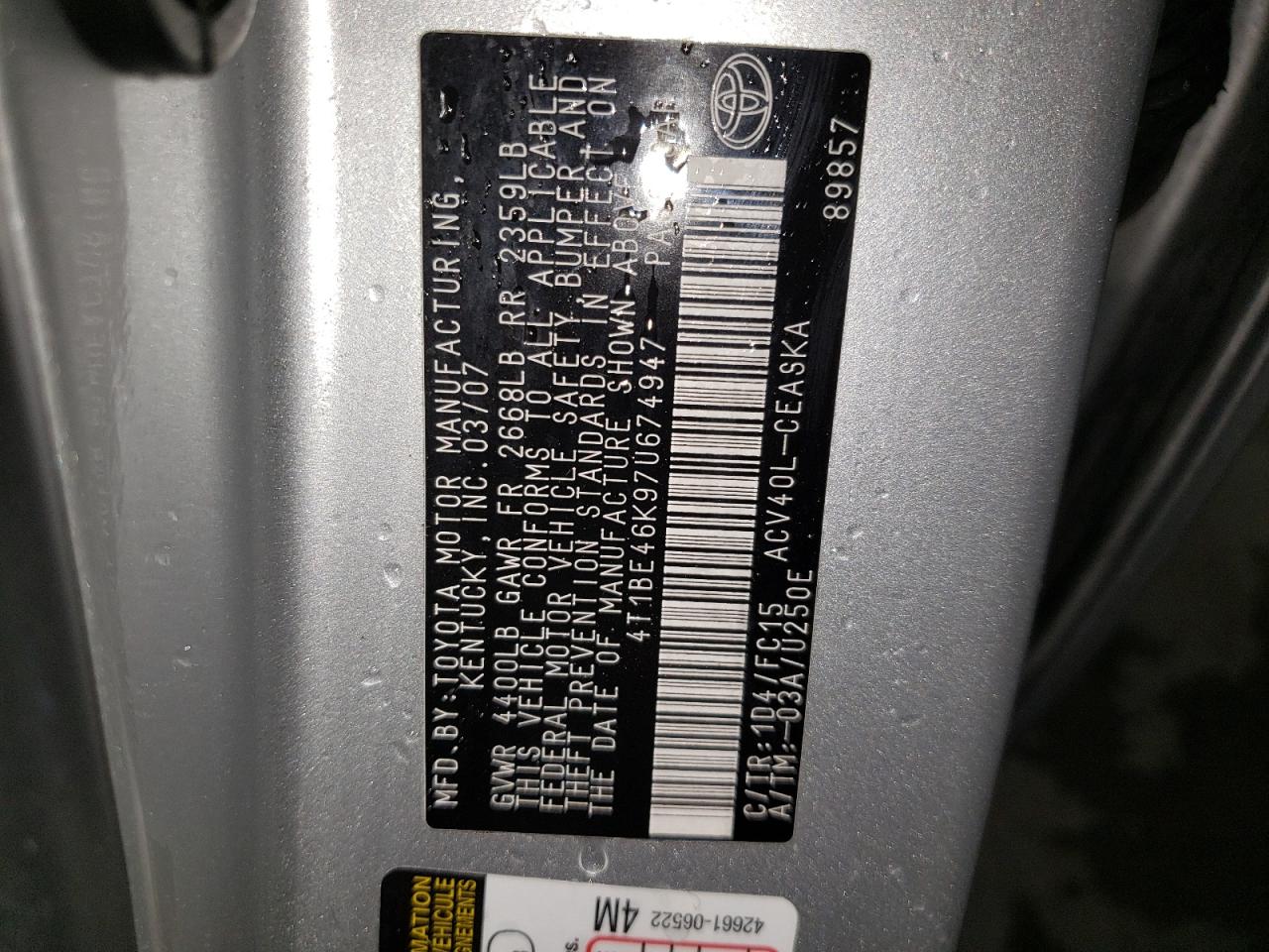 Photo 10 from auction – 2007 TOYOTA CAMRY with VIN 4T1BE46K97U674947