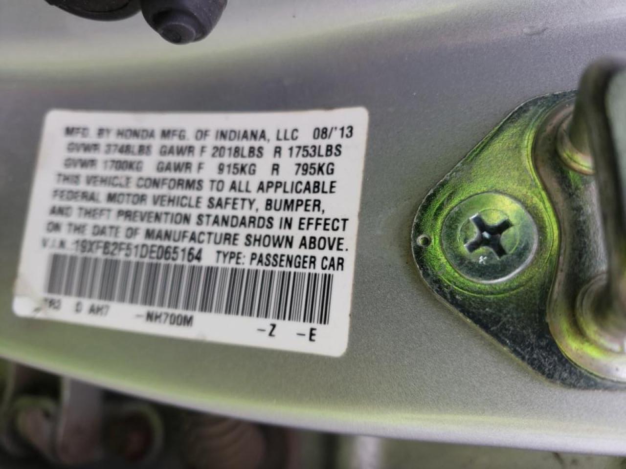 Photo 10 from auction – 2013 HONDA CIVIC LX with VIN 19XFB2F51DE065164