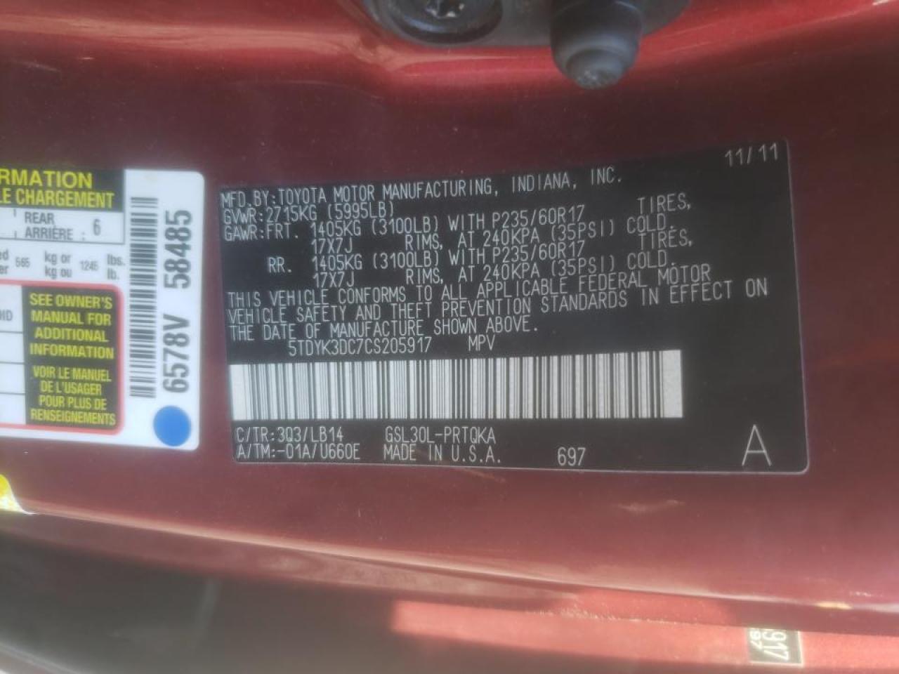 Photo 10 from auction – 2012 TOYOTA SIENNA XLE with VIN 5TDYK3DC7CS205917