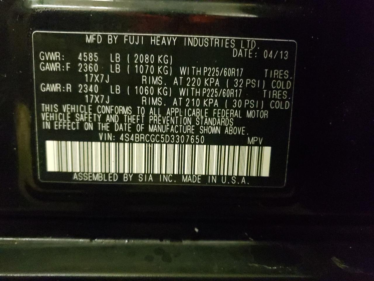 Photo 10 from auction – 2013 SUBARU OUTBACK 2. with VIN 4S4BRCGC5D3307650