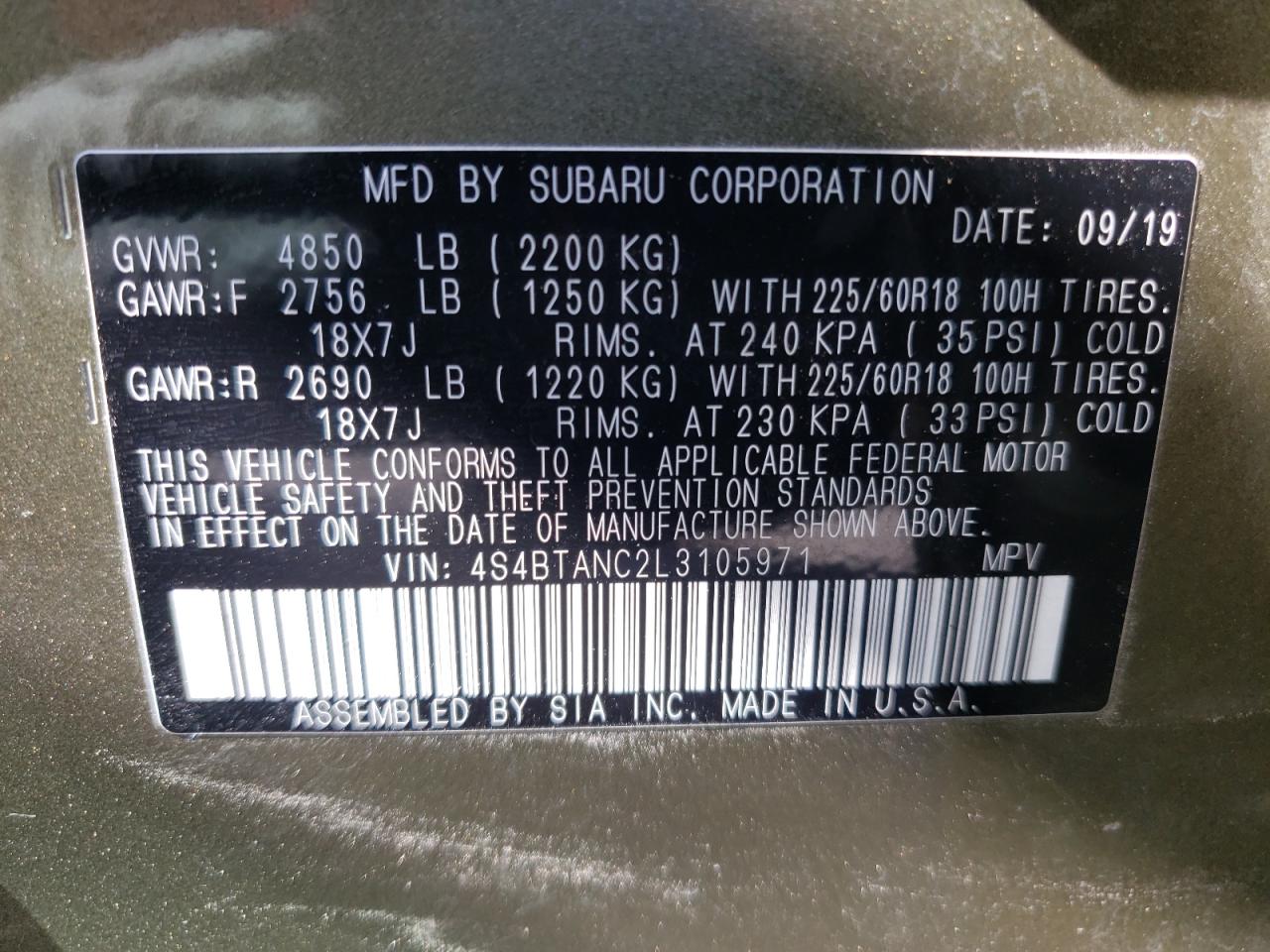 Photo 10 from auction – 2020 SUBARU OUTBACK LI with VIN 4S4BTANC2L3105971