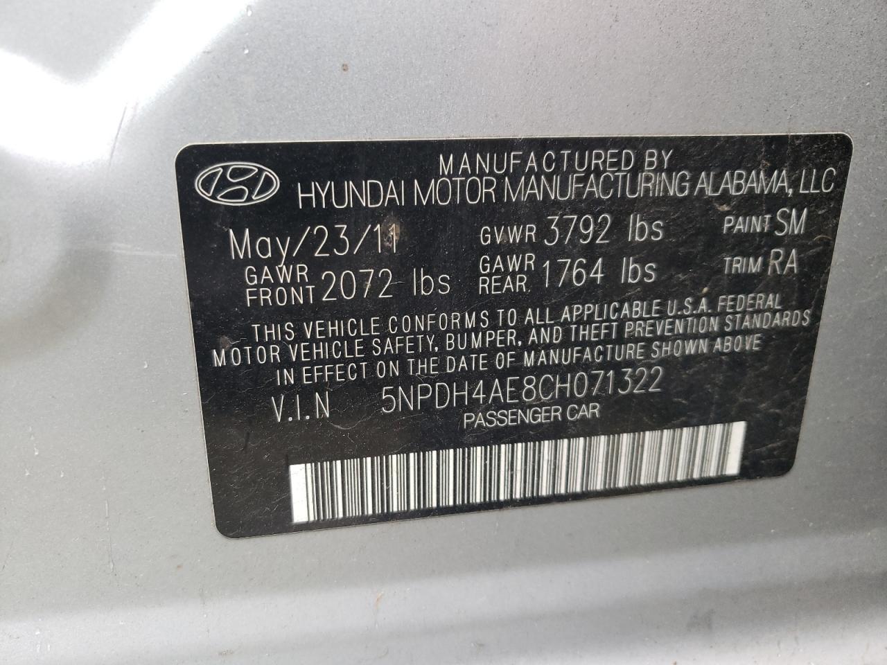 Photo 10 from auction – 2012 HYUNDAI ELANTRA GL with VIN 5NPDH4AE8CH071322