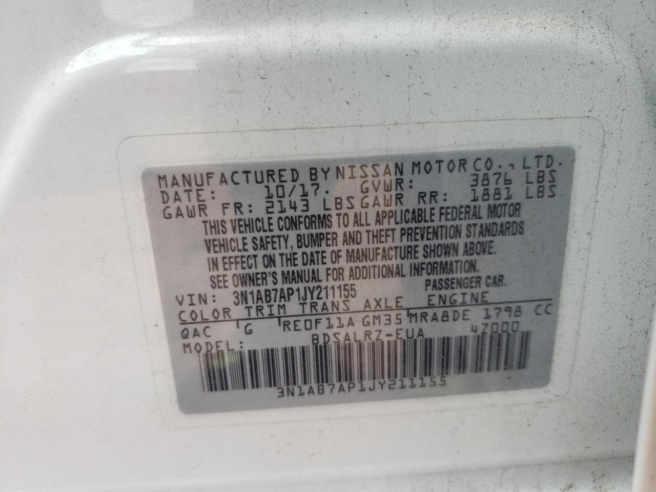 Photo 10 from auction – 2018 NISSAN SENTRA S with VIN 3N1AB7AP1JY211155