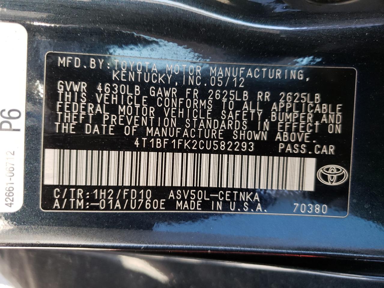 Photo 10 from auction – 2012 TOYOTA CAMRY with VIN 4T1BF1FK2CU582293