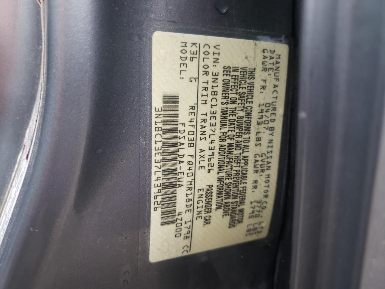 Photo 10 from auction – 2007 NISSAN VERSA S with VIN 3N1BC13E37L439626