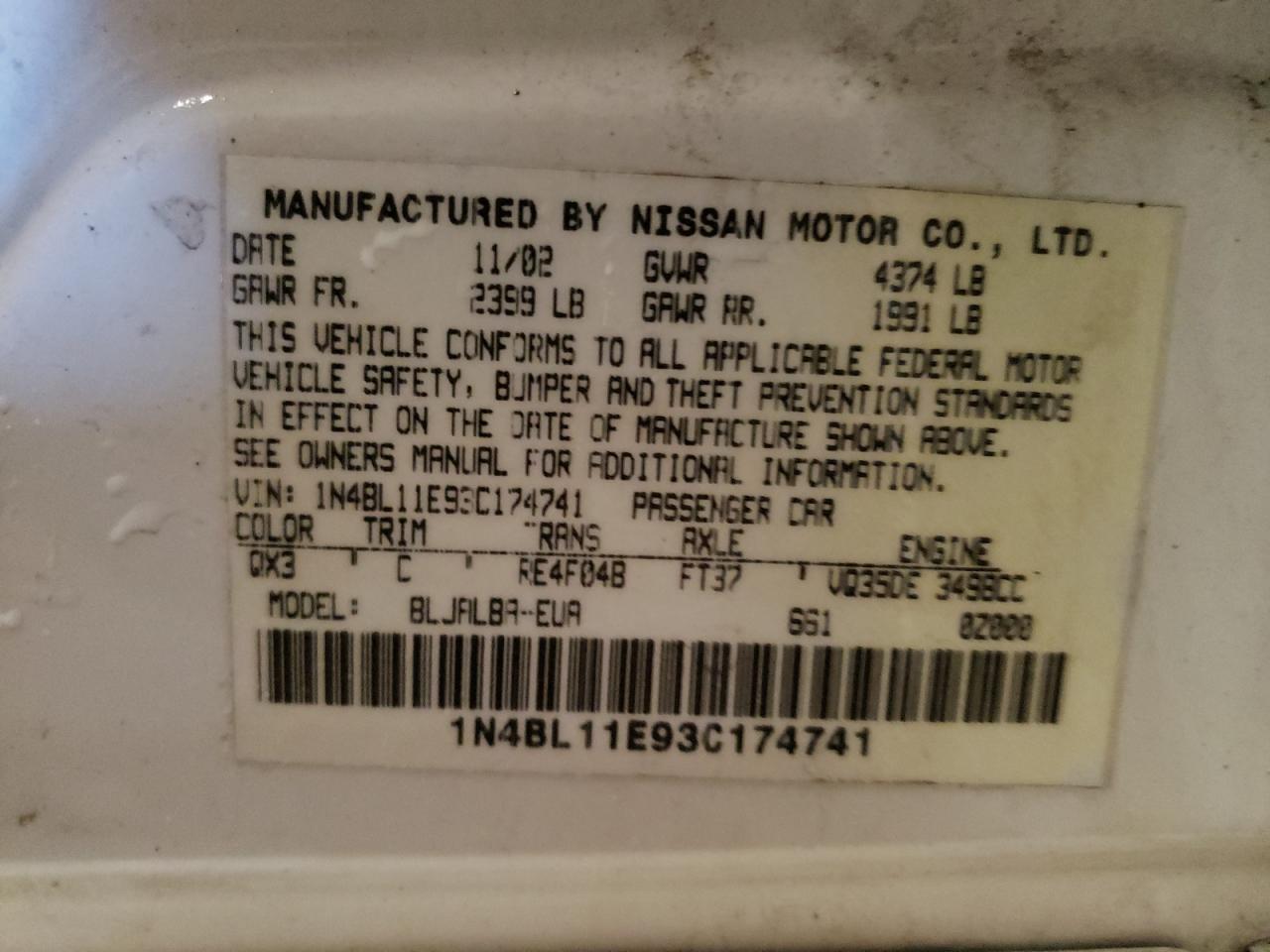 Photo 10 from auction – 2003 NISSAN ALTIMA SE with VIN 1N4BL11E93C174741