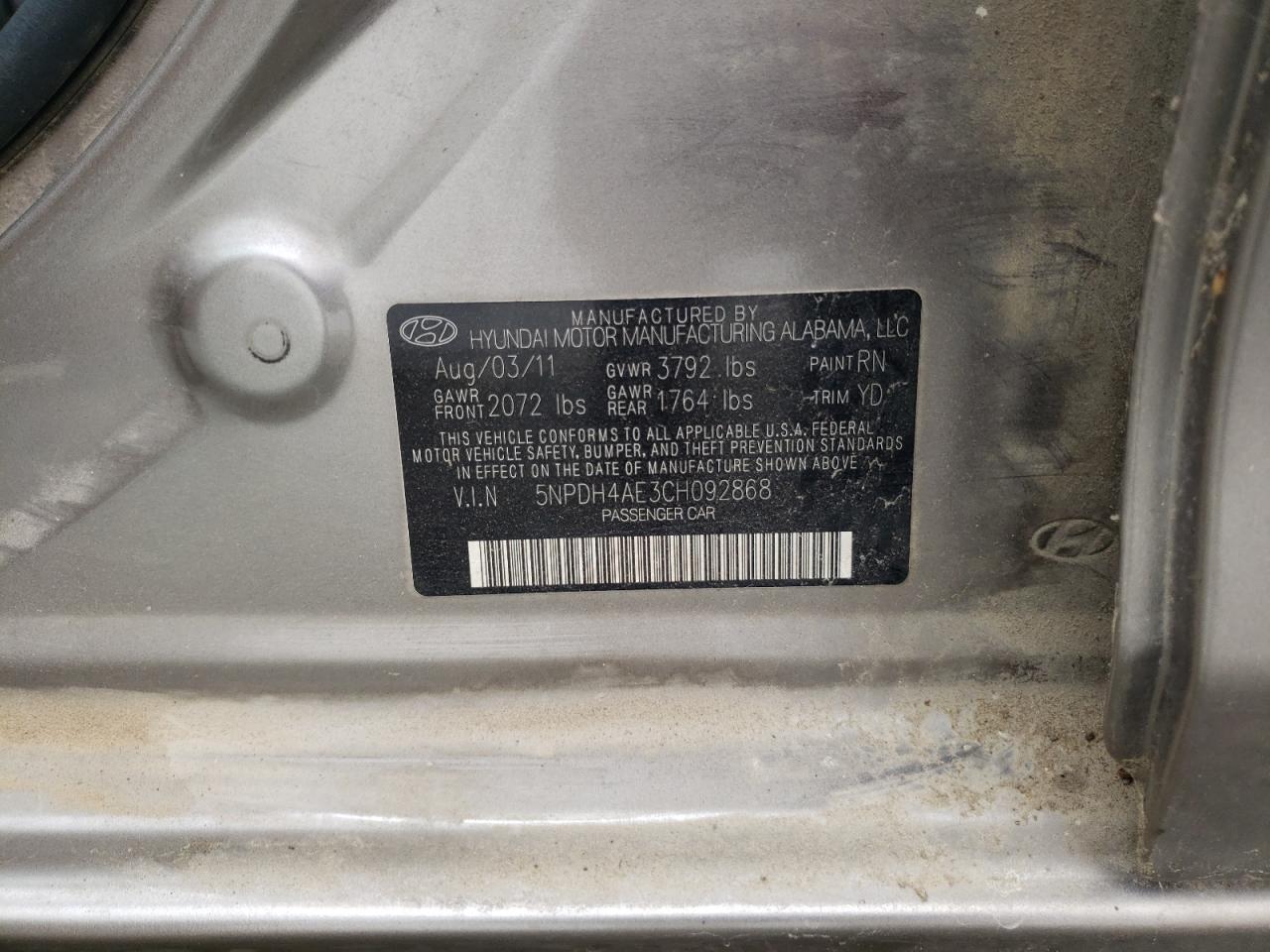 Photo 10 from auction – 2012 HYUNDAI ELANTRA GL with VIN 5NPDH4AE3CH092868