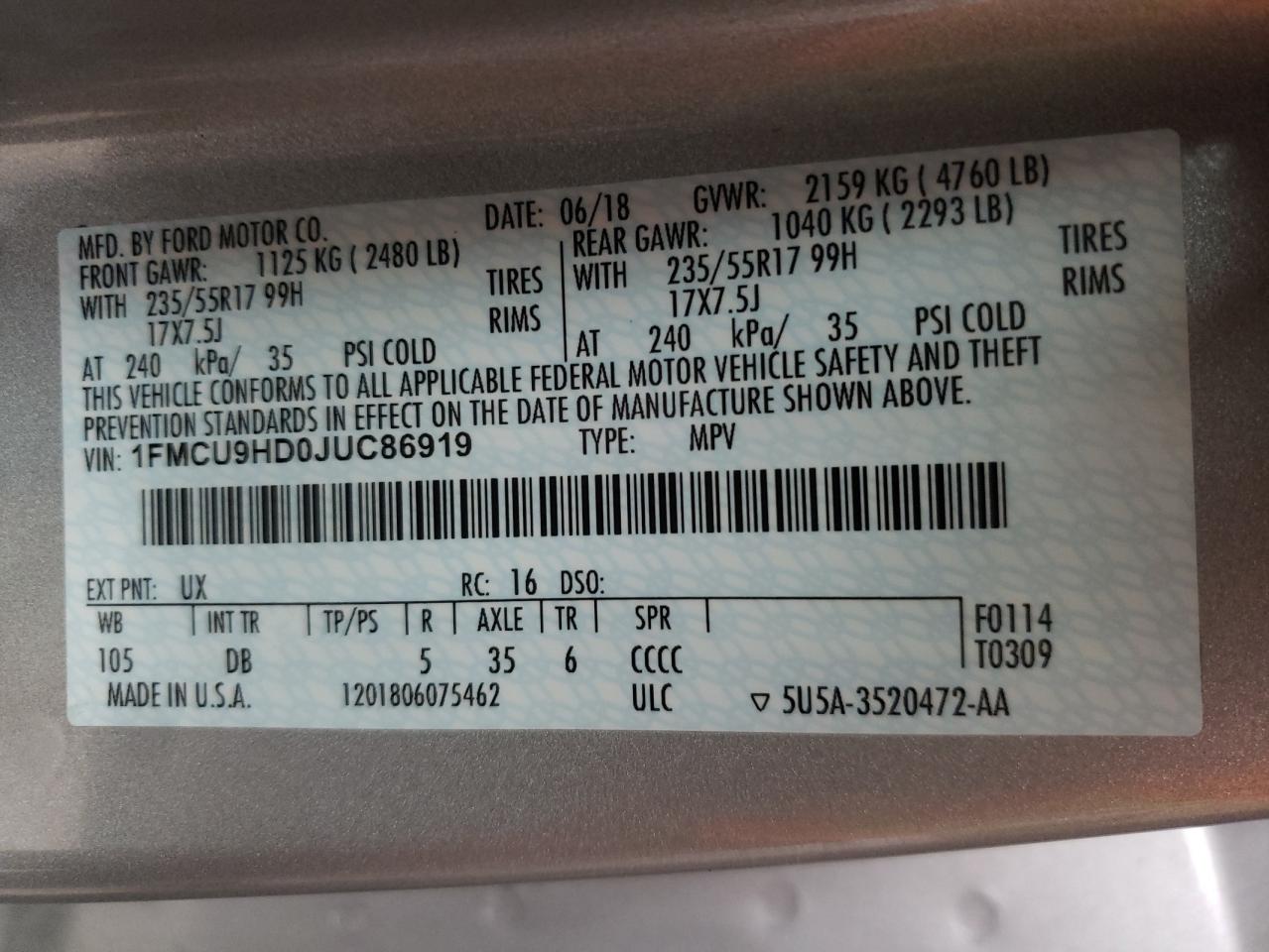 Photo 10 from auction – 2018 FORD ESCAPE SEL with VIN 1FMCU9HD0JUC86919