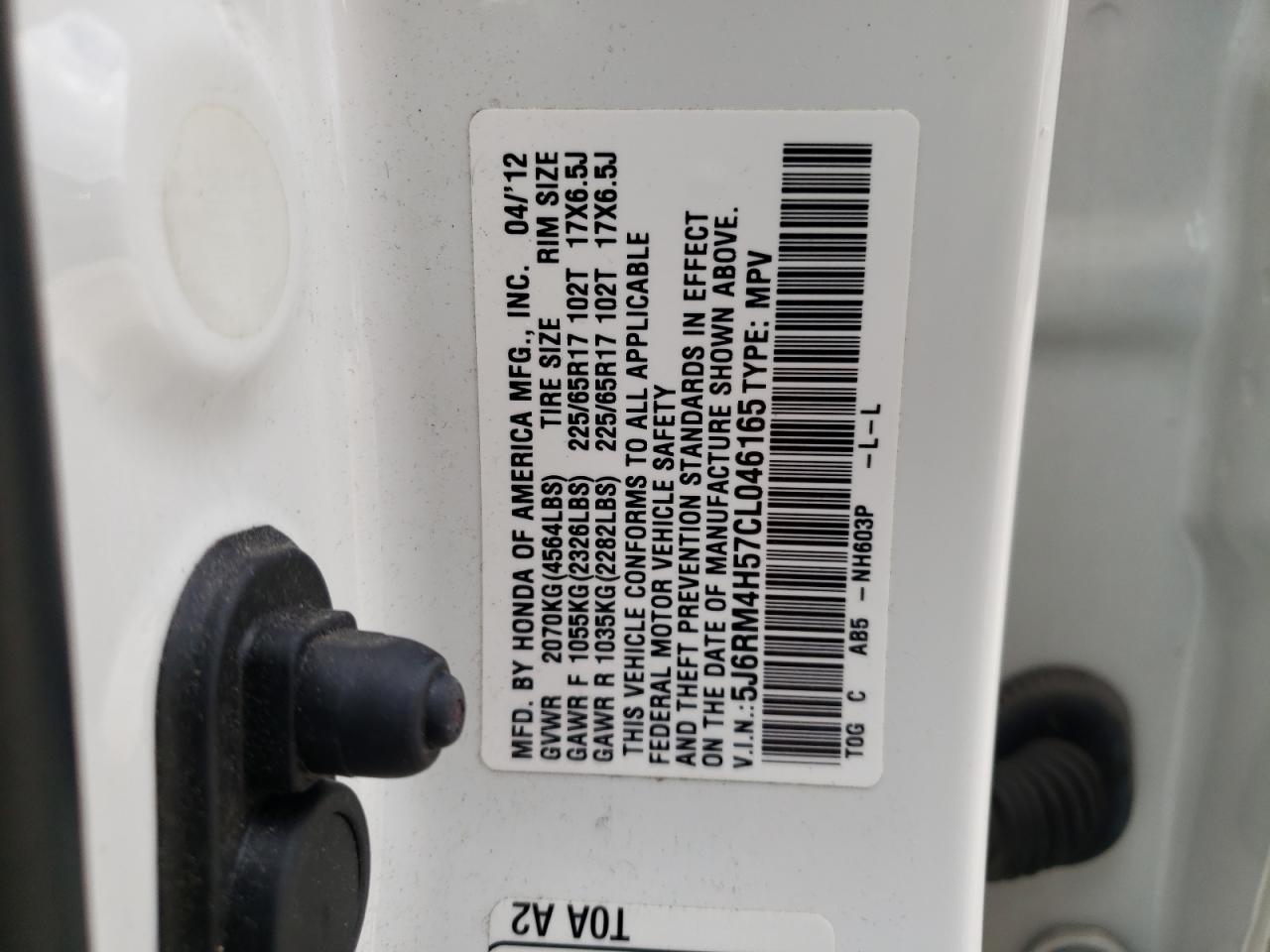 Photo 10 from auction – 2012 HONDA CR-V EX with VIN 5J6RM4H57CL046165