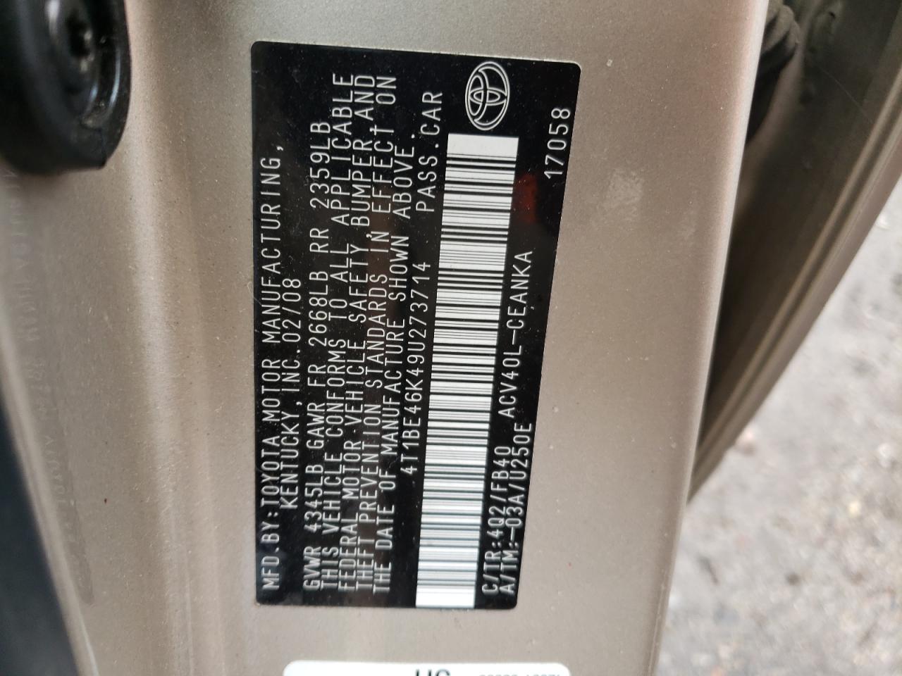 Photo 10 from auction – 2009 TOYOTA CAMRY BASE with VIN 4T1BE46K49U273714