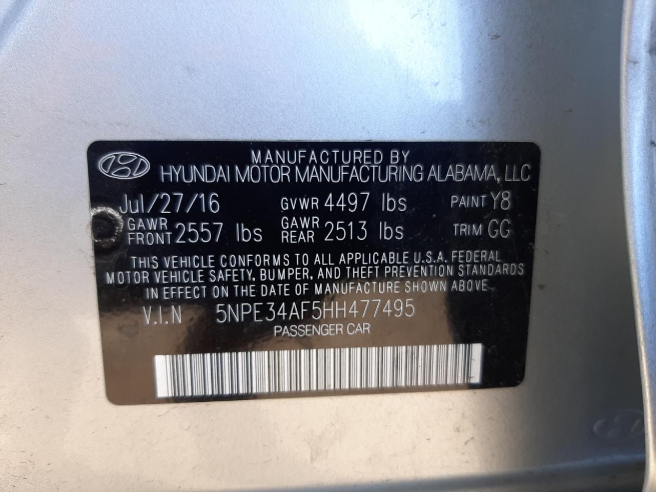 Photo 10 from auction – 2017 HYUNDAI SONATA SPO with VIN 5NPE34AF5HH477495
