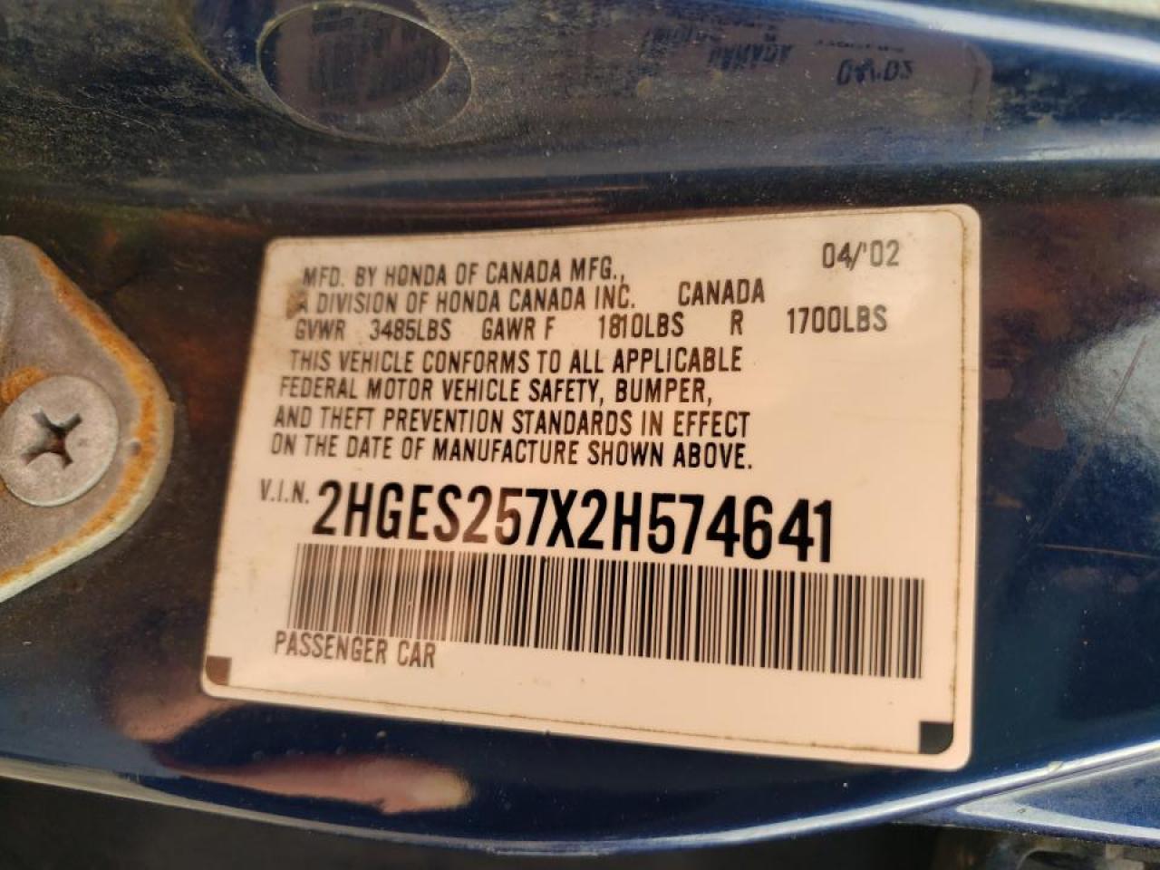 Foto 10 de la subasta – 2002 HONDA CIVIC con VIN 2HGES257X2H574641
