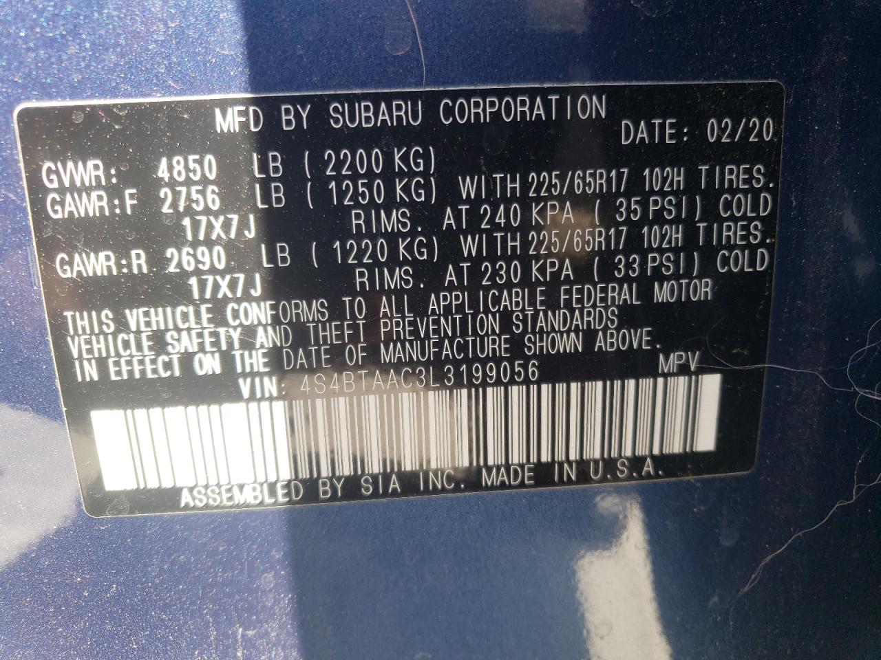 Foto 10 de la subasta – 2020 SUBARU OUTBACK con VIN 4S4BTAAC3L3199056