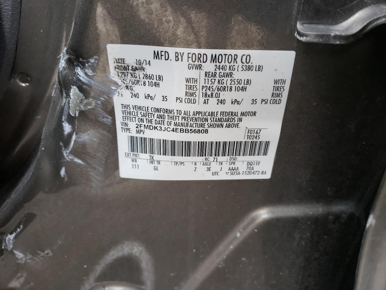 Photo 10 from auction – 2014 FORD EDGE SEL with VIN 2FMDK3JC4EBB56808