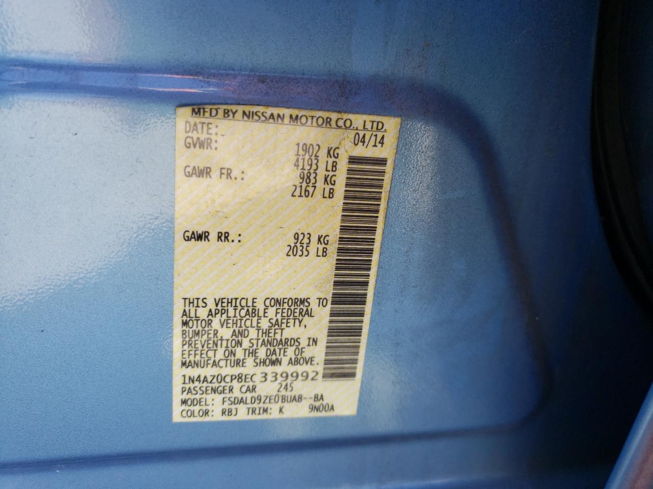 Photo 10 from auction – 2014 NISSAN LEAF S with VIN 1N4AZ0CP8EC339992