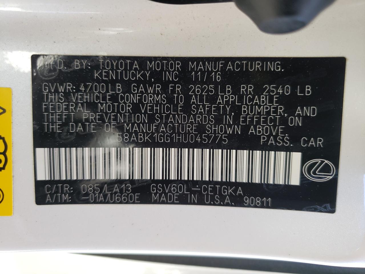 Photo 10 from auction – 2017 LEXUS ES 350 with VIN 58ABK1GG1HU045775