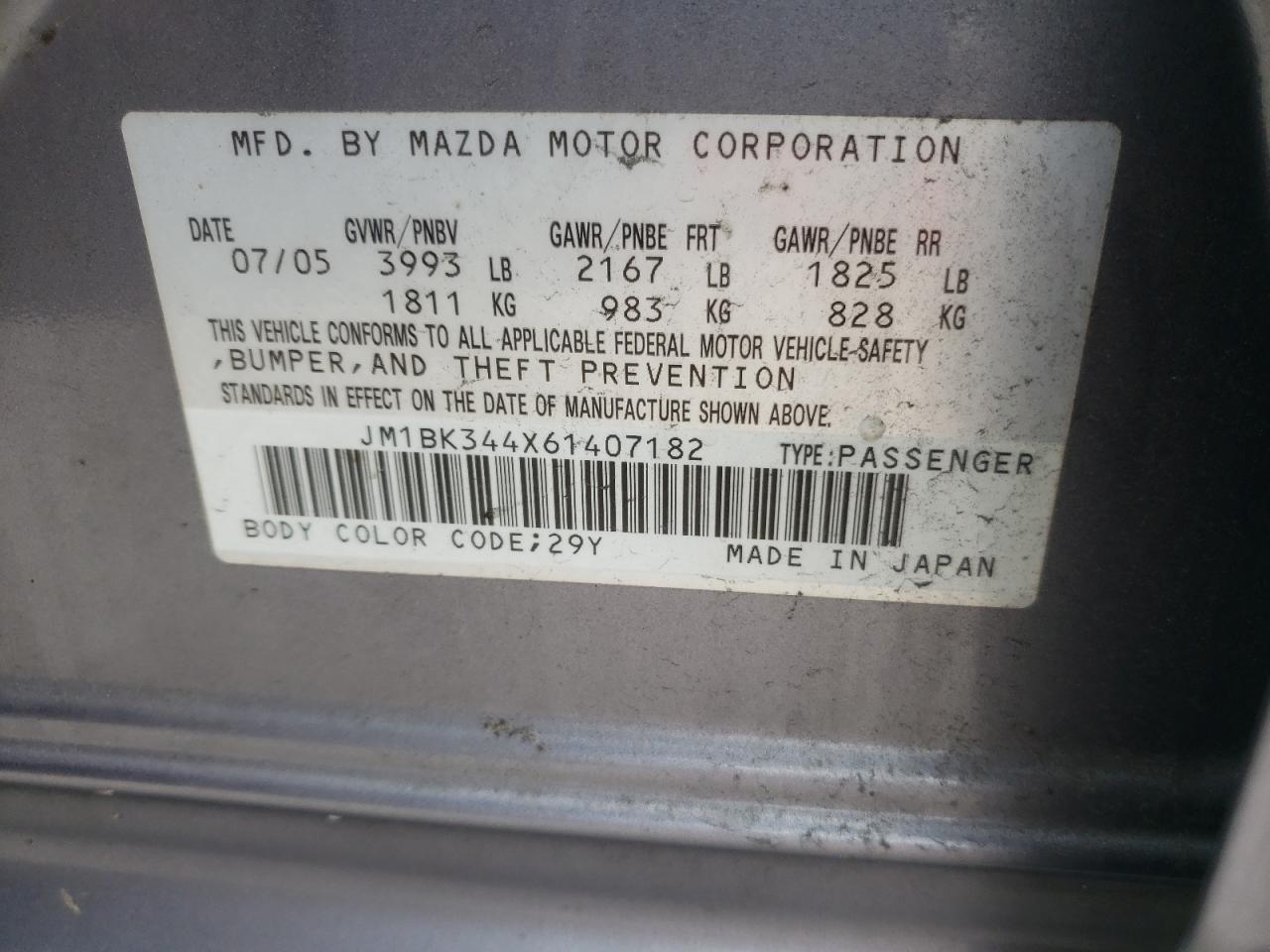Photo 10 from auction – 2006 MAZDA 3 HATCHBAC with VIN JM1BK344X61407182
