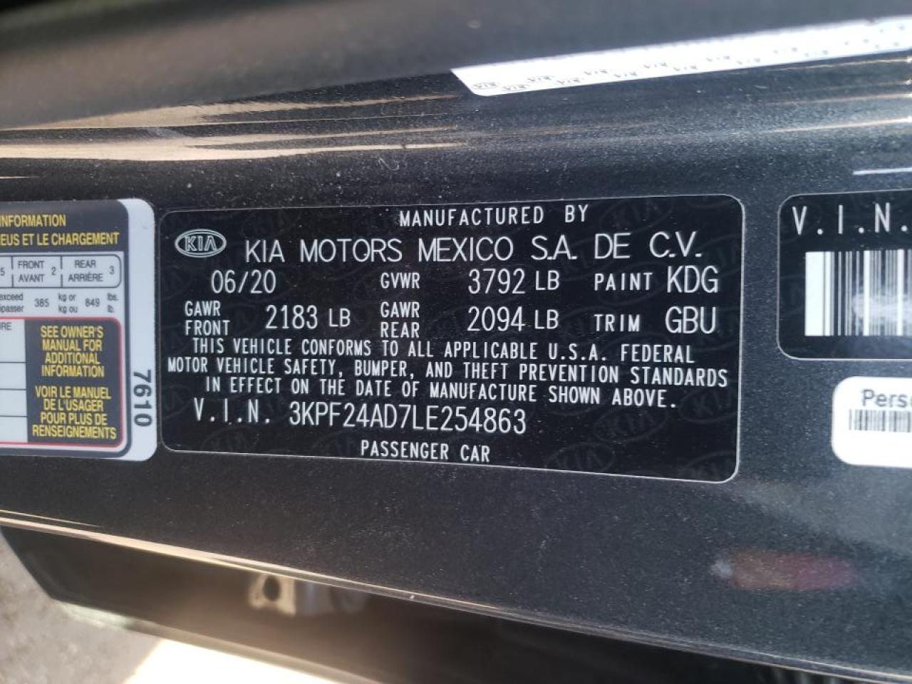Photo 10 from auction – 2020 KIA FORTE FE with VIN 3KPF24AD7LE254863