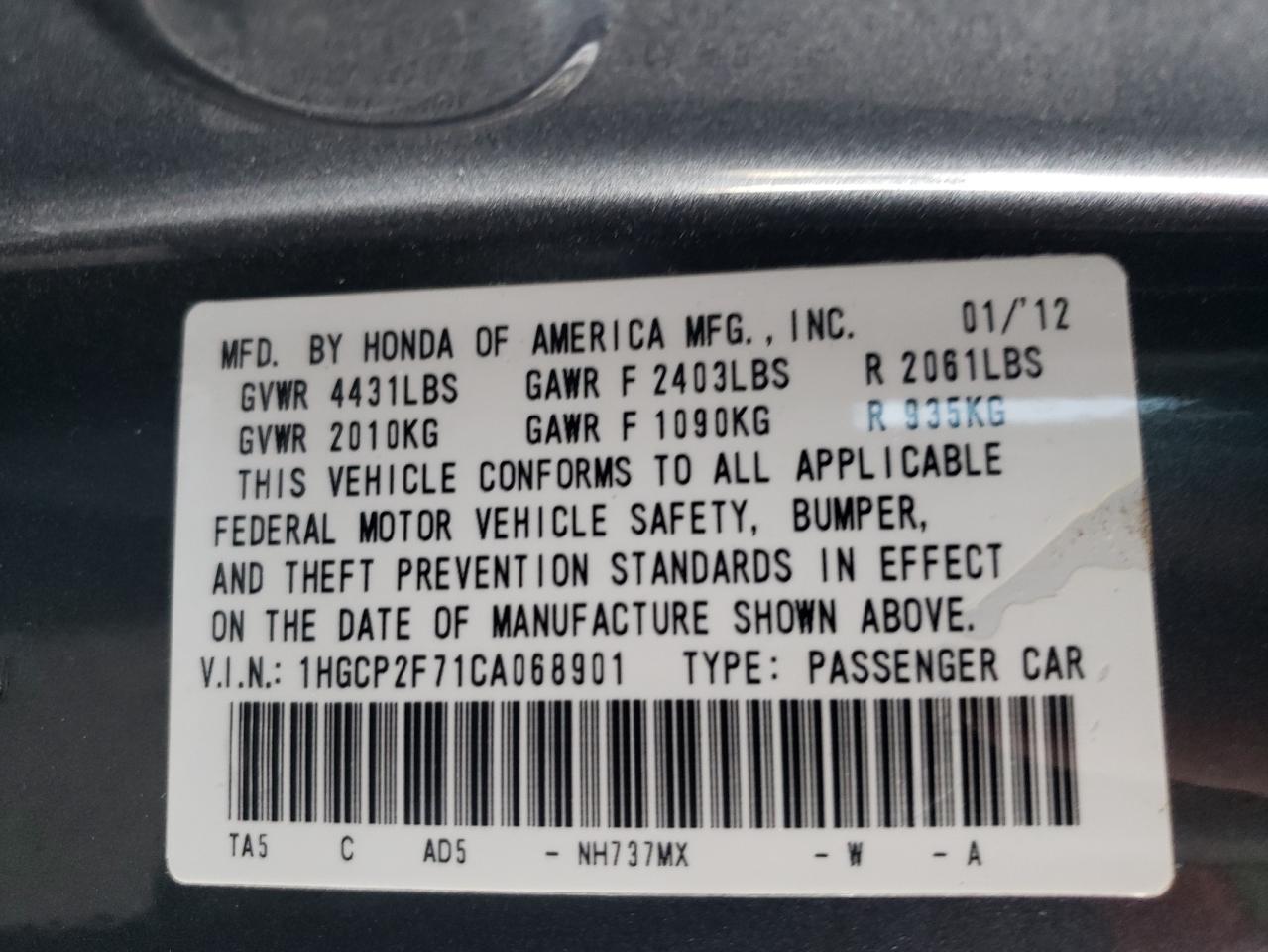 Photo 10 from auction – 2012 HONDA ACCORD EX with VIN 1HGCP2F71CA068901
