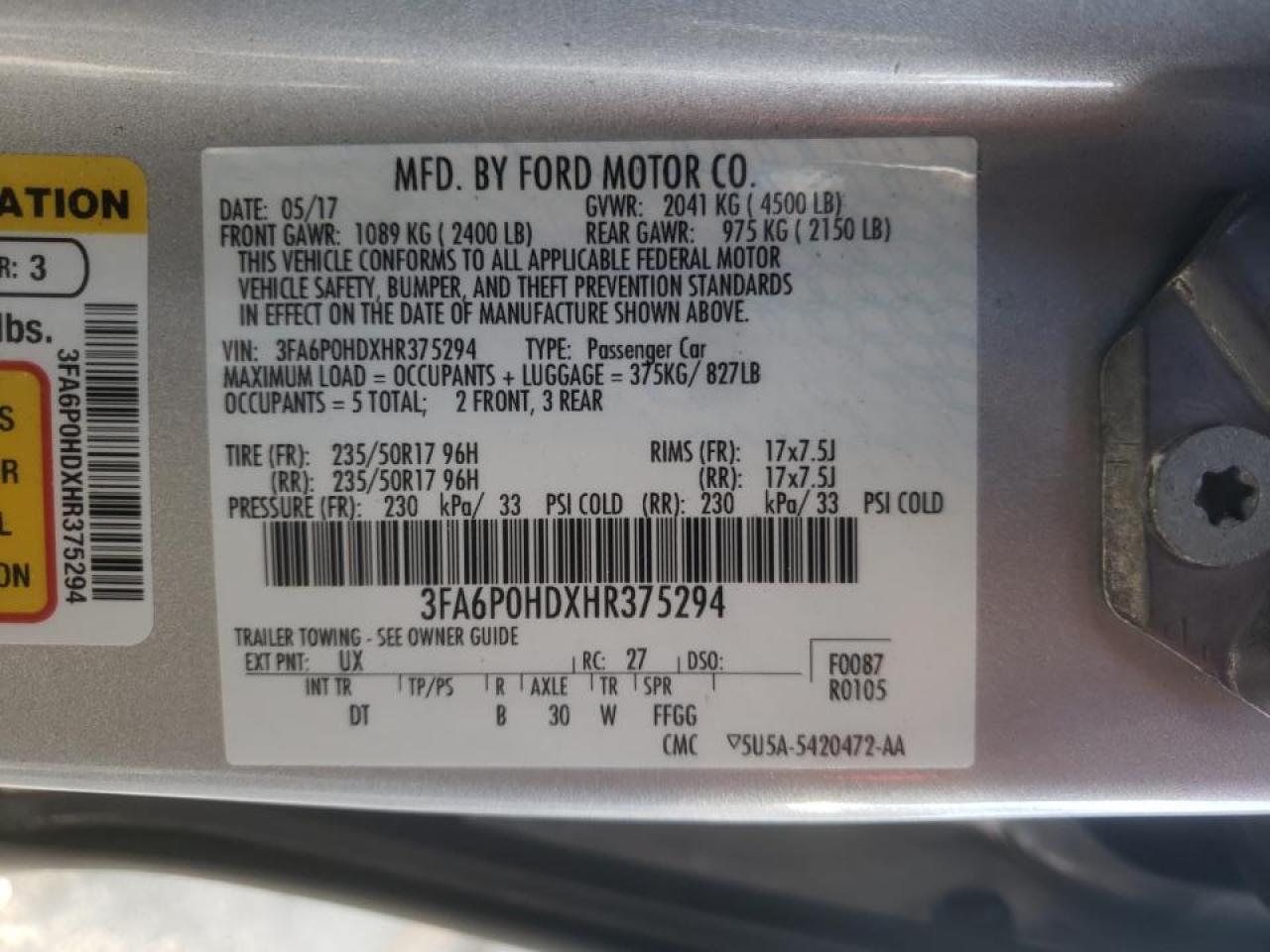 Photo 10 from auction – 2017 FORD FUSION SE with VIN 3FA6P0HDXHR375294