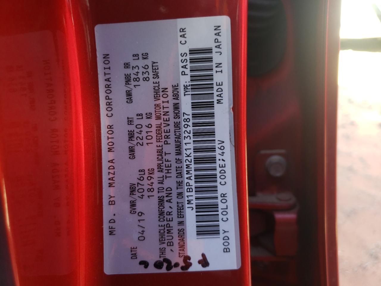 Photo 10 from auction – 2019 MAZDA 3 PREFERRE with VIN JM1BPAMM2K1132987