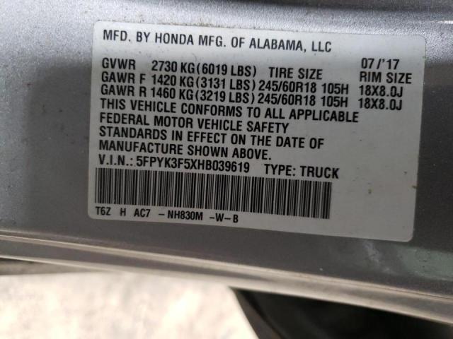 Photo 10 from auction – 2017 HONDA RIDGELINE with VIN 5FPYK3F5XHB039619