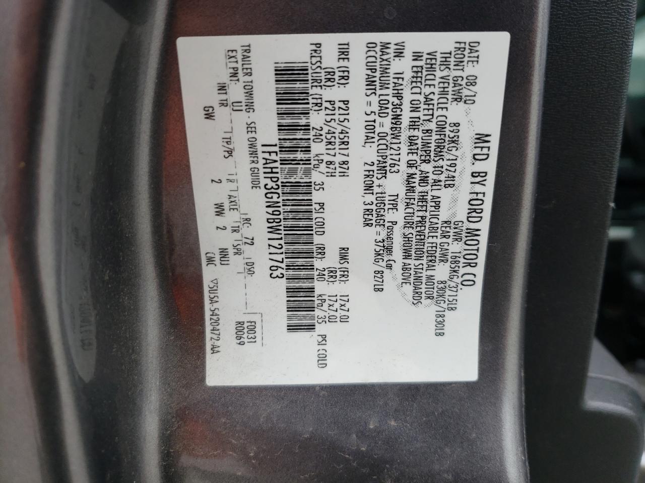 Photo 10 from auction – 2011 FORD FOCUS SES with VIN 1FAHP3GN9BW121763