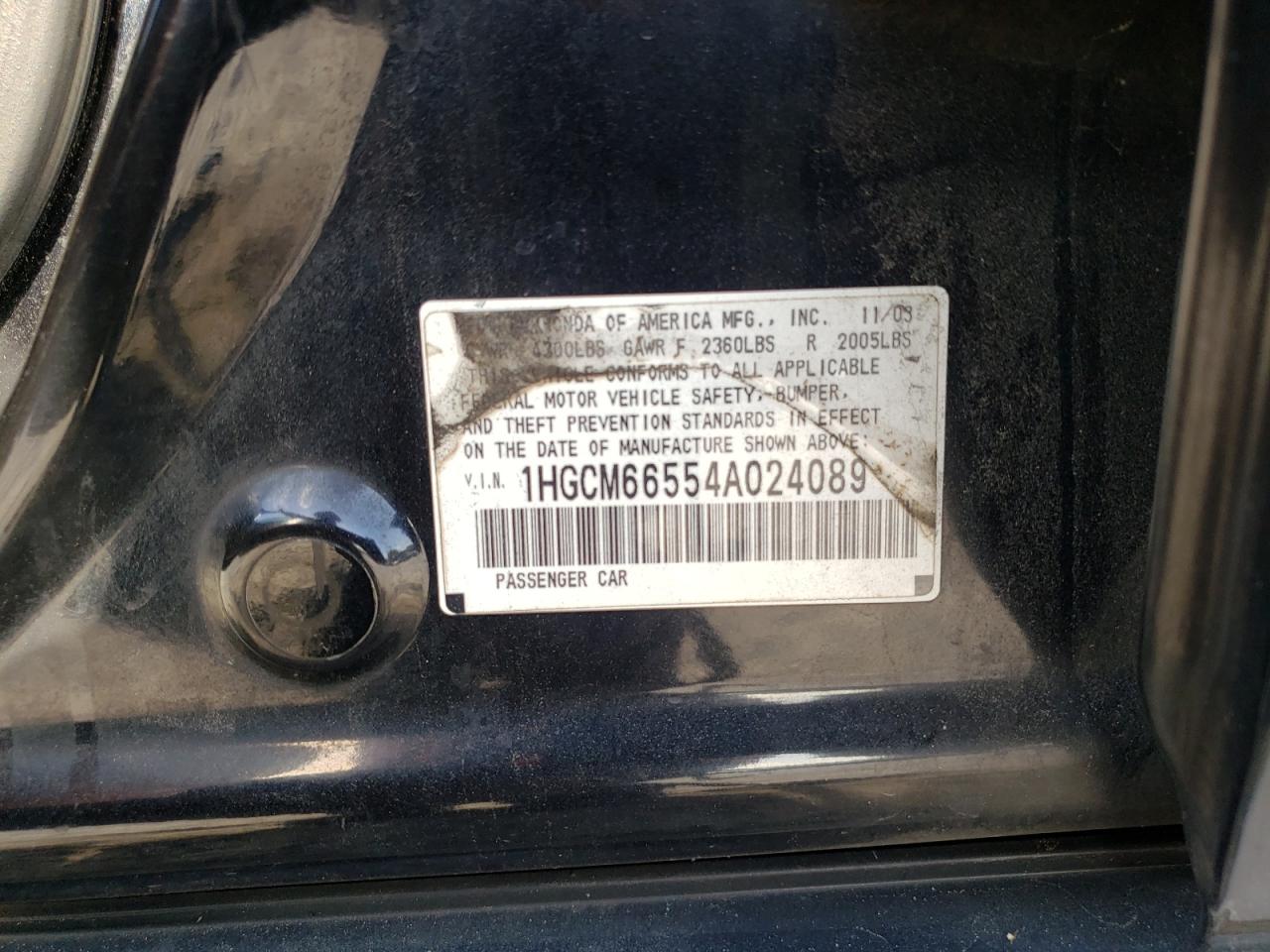 Photo 10 from auction – 2004 HONDA ACCORD with VIN 1HGCM66554A024089